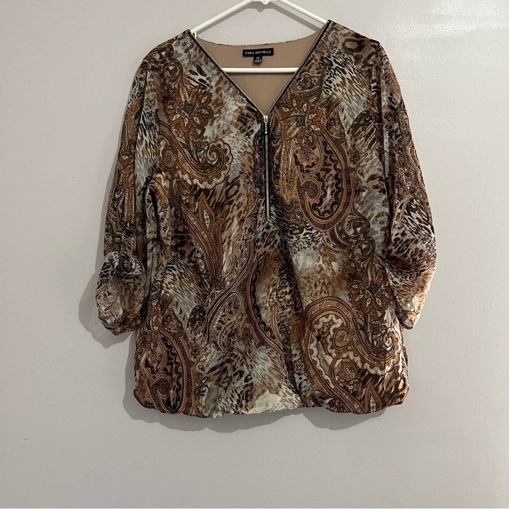 Brown Paisley Women's Top Roll tab sleeves Unique Zipper Blouse 1X